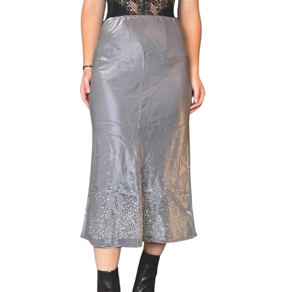 Vtg Y2K Silver Metallic Glitter Midi Skirt S Fairy Grunge